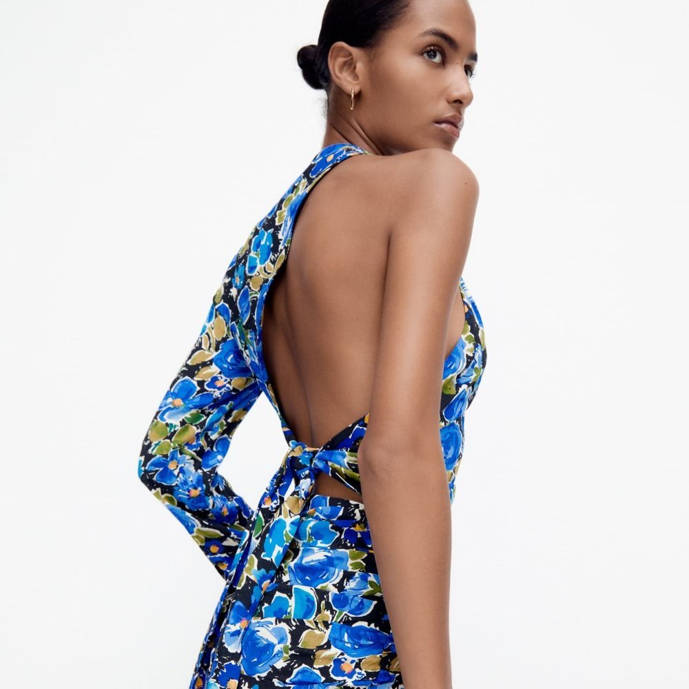 ZARA | Floral Asymmetrical One Sleeve Open Back Top | Sz. M